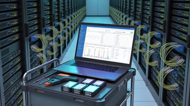 Open Laptop Computer Running Server Monitoring Software on Mobile Toolbox Cart With Spare Hard Disk Drives and Barcode Scanner in Aisle Between Server Racks in AI Data Center During Hardware Upgrade 