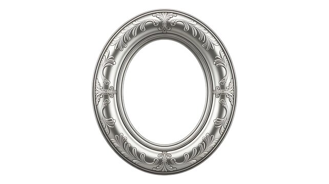 Oval silver carved metallic picture frame on a transparent background