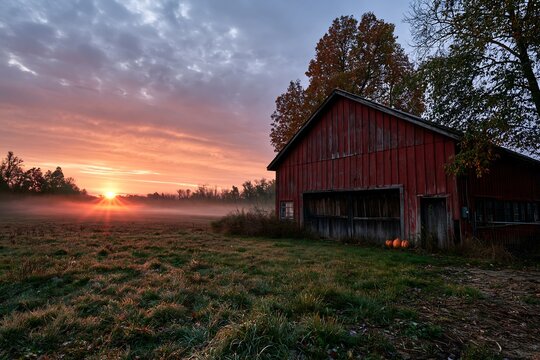 Rustic red barn in country field at sunrise with dramatic morning sky view