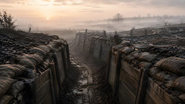 Empty Military Trench in Foggy Dawn Battlefield Landscape