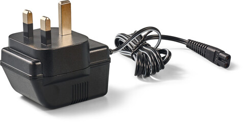 black uk power adapter plug isolated white background, 3-pin mains charger with bundled wire and...