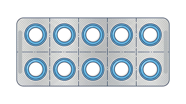 Blister pack showcasing multiple round blue and white medical tablets arranged in a grid