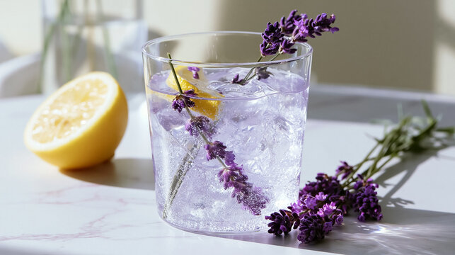 Refreshing lavender lemonade cocktail with ice, lemon, and a lavender garnish. Perfect for summer drinks and healthy beverages