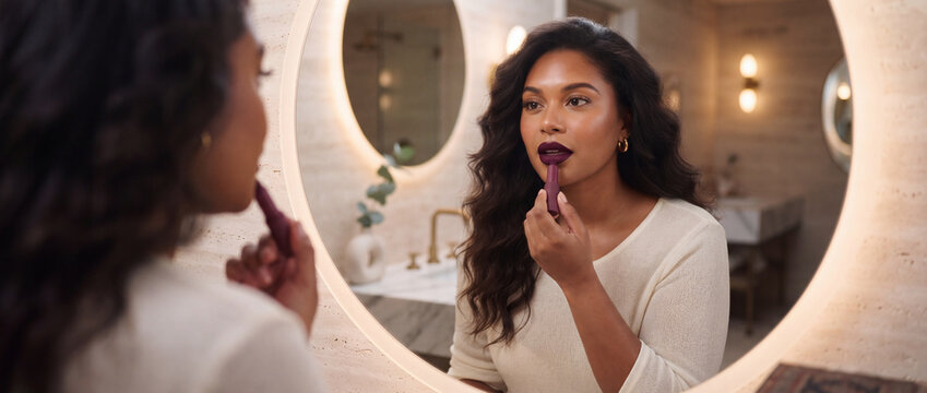 Woman applying lipstick in illuminated mirror during an evening beauty routine in a luxury travertine bathroom, perfect for skincare, cosmetics marketing, and self care content