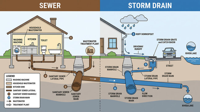 Sewer and storm drain system infographic comparison diagram with home infrastructure wastewater management drainage system plumbing system water treatment comparison