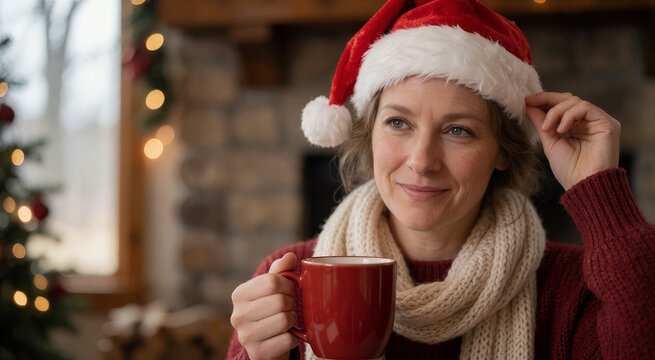Woman holding a warm Christmas holiday drink in a cozy setting, wearing a Santa hat and scarf.