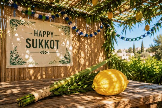 Happy Sukkot sign with etrog and lulav on a wooden table in a decorated sukkah booth