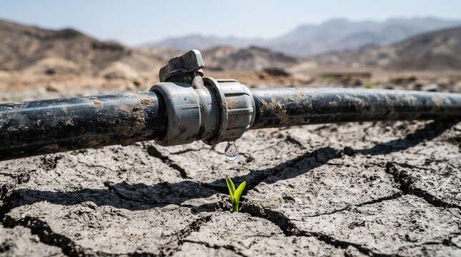 Drip irrigation pipe delivering water to a tiny green sprout growing in dry cracked desert soil with cracked earth water scarcity climate change irrigation system water drop plant growth