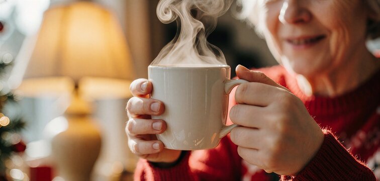 Cozy holiday Christmas breakfast scene featuring an older woman smiling while holding a steaming mug, suggesting warmth and festive comfort at home.