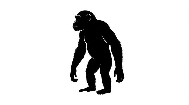 Silhouette of chimpanzee standing upright on hind legs against white background for wildlife design projects