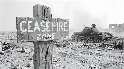 Fototapeta premium A cease-fire zone sign stands in a desolate, war-torn landscape with a tank in the background