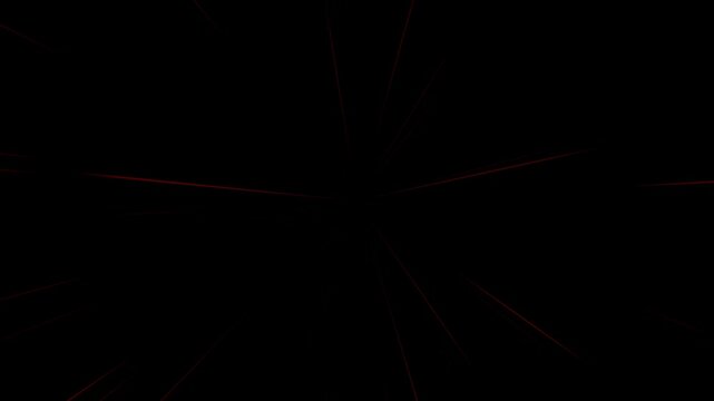 Animated red radial warp lines rushing toward the center, creating a fast tunnel and speed effect, isolated with alpha channel for overlays and transitions