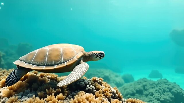 Sea turtle with olive brown shell swimming low over natural coral reef in clear turquoise tropical ocean water with bright sunlight rays filtering down. Underwater marine life video footage