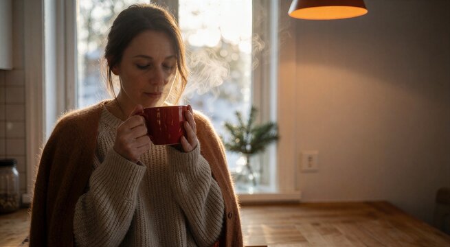 Cozy moment of a woman holding a warm Christmas holiday drink, inhaling steam from a red mug near a bright window.