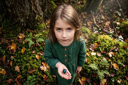 Young girl holding a metallic blue beetle in an autumn forest