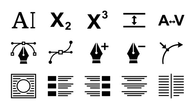 Graphic design tool icons, 15 vector typography and pen tool symbols, black minimalist editing UI elements for software