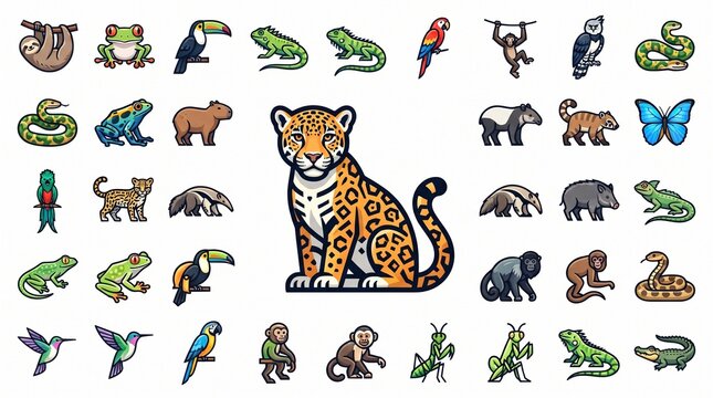 Rainforest Animal Icon Collection with Oversized Center Illustration and Tropical Wildlife Symbols