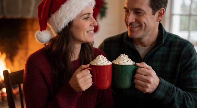 Couple enjoying Christmas hot chocolate after baking, sharing a warm moment by a cozy fireplace with festive mugs.