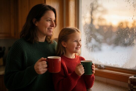Mother and daughter enjoying hot chocolate by a window, reflecting a cozy moment after baking during winter.