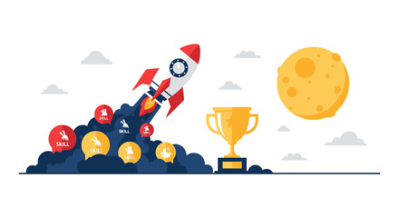 Naklejka premium Rocket Launch Representing Career Growth with Skill Icons, Golden Trophy, and Moon