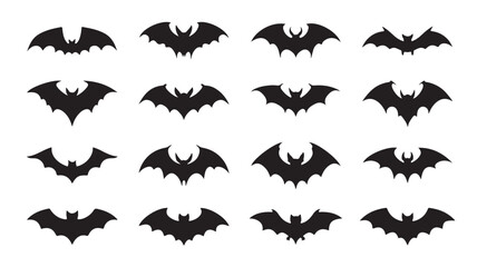 Fototapeta premium Halloween bat silhouettes collection, 16 flying vampire bat icons, black spooky animal shapes, decorative vector set for party invitations