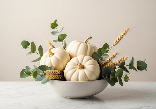 White pumpkins with eucalyptus and wheat in a bowl