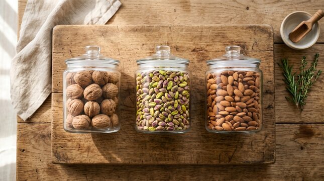Assorted Healthy Nuts In Glass Jars For Brain Boosting Nutrition.