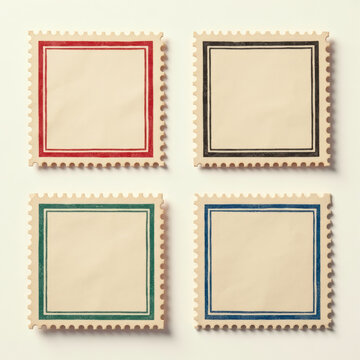 Postage stamp frames set. Empty border template for postcards and letters. Blank rectangle and square vintage postage stamps with perforated edge
