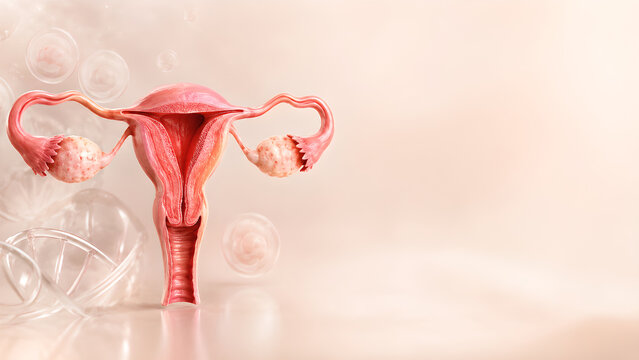 Female infertility reproductive system medical website banner showing uterus, fallopian tubes and ovaries with realistic clinical anatomy and copy space for healthcare and patient education