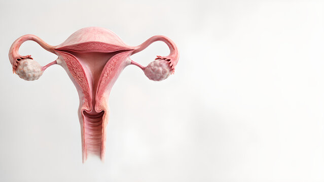 Female infertility reproductive system medical website banner showing uterus, fallopian tubes and ovaries with realistic clinical anatomy and copy space for healthcare and patient education