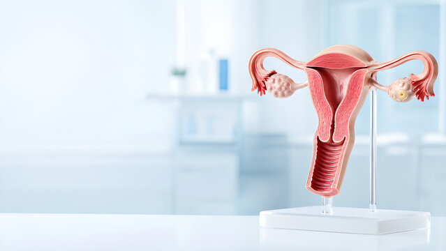Female infertility reproductive system medical website banner showing uterus, fallopian tubes and ovaries with realistic clinical anatomy and copy space for healthcare and patient education