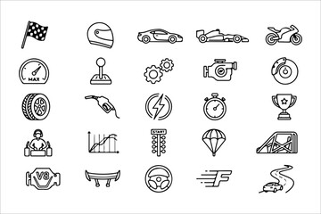 Fototapeta premium Collection of eco sustainability icons in grid, black minimalist line art, symbol of recycling, renewable energy, and green living