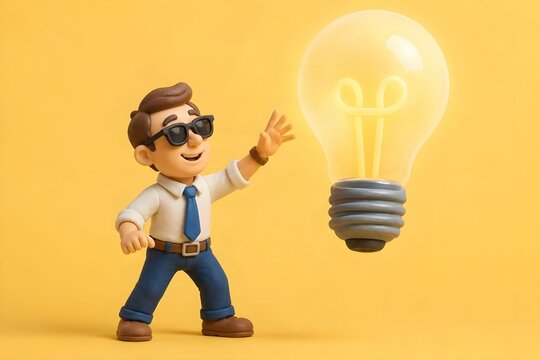 3D rendered man with glasses reaching toward a giant glowing lightbulb, idea innovation and creativity concept illustration on yellow background
