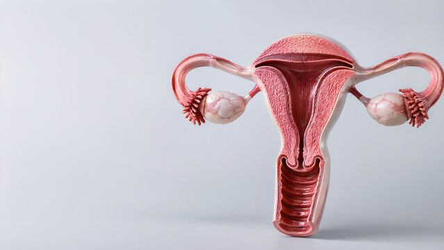 Female infertility reproductive system medical website banner showing uterus, fallopian tubes and ovaries with realistic clinical anatomy and copy space for healthcare and patient education