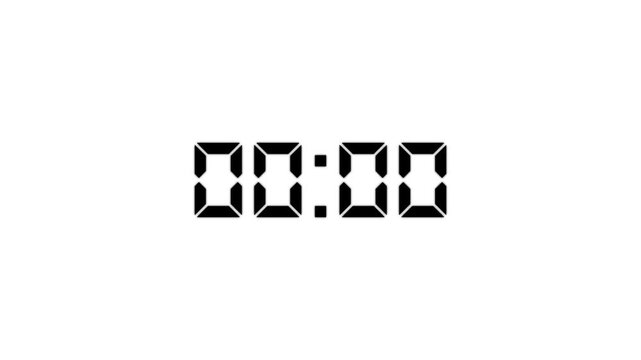 Digital countdown timer counts down from five to zero seconds against a black and white striped background.4k video