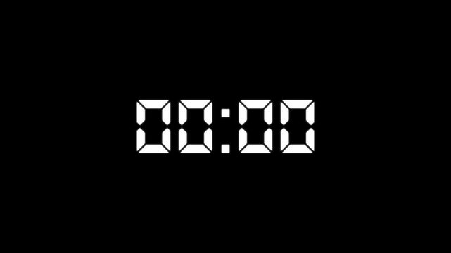 Digital countdown timer counts down from five to zero seconds against a black and white striped background.4k video