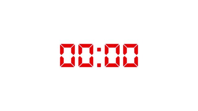 Digital countdown timer counts down from five to zero seconds against a black and white striped background.4k video