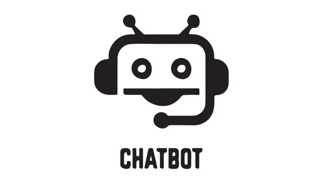 Chatbot icon with headset, black robot head vector for customer support, artificial intelligence virtual assistant logo