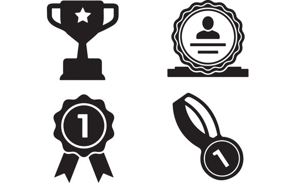 Achievement award icons set, black trophy and medal vector graphics, first place winner badges for business and sports
