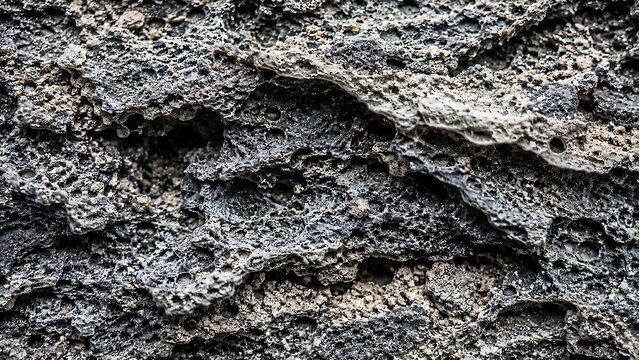 Closeup view of rough volcanic rock showing detailed porous texture and dark surface