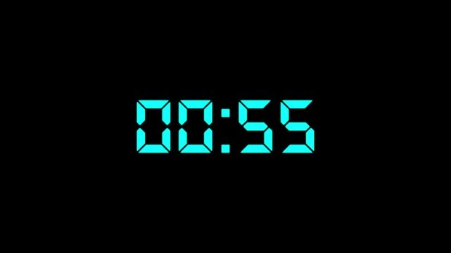 Countdown Digital Clock Animation 60 to 0 second Countdown digital clock timer icon.Animation of glowing 60 to 0 second countdown timer. minute stopwatch , analog clock icon animation. 4k video