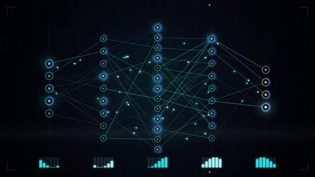 Abstract animated signals flowing through a neural network drawn as cyan and teal lines and shapes on a deep dark background. Seamless looping 4K motion graphics video with free space for text, ideal 