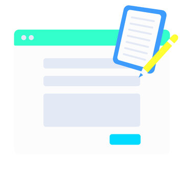 Online form filling icon with browser window, document clipboard, and pencil isolated. Vector illustration