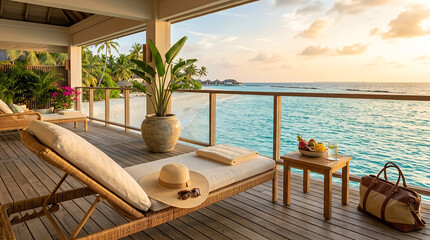 Fototapeta premium Luxury wooden balcony with sun loungers overlooking the tropical ocean at sunset
