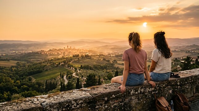 Two Women Sitting on a Stone Wall Watching a Beautiful Sunset Over