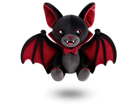 Vampire bat plush floating on a pure white background.