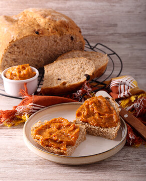 Homemade brown bread with vegetable spread