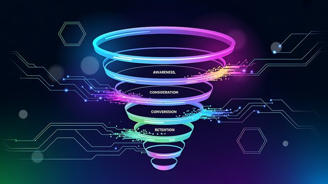 Abstract digital sales funnel with particles representing business optimization and customer journey 