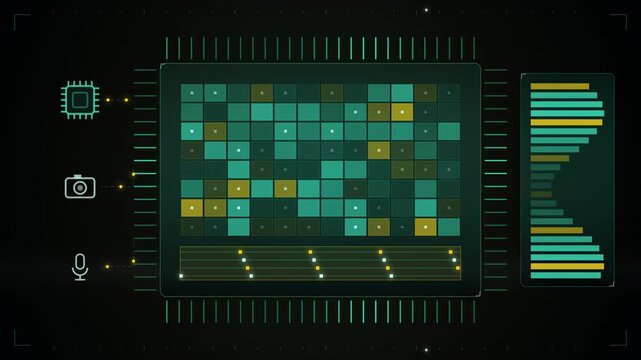 Abstract animated edge AI chip and its floorplan drawn as cyan and teal lines and shapes on a deep dark background. Seamless looping 4K motion graphics video with free space for text, ideal for techno
