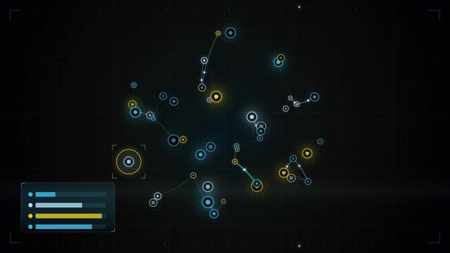 Abstract animated knowledge graph growing new links drawn as cyan and teal lines and shapes on a deep dark background. Seamless looping 4K motion graphics video with free space for text, ideal for tec